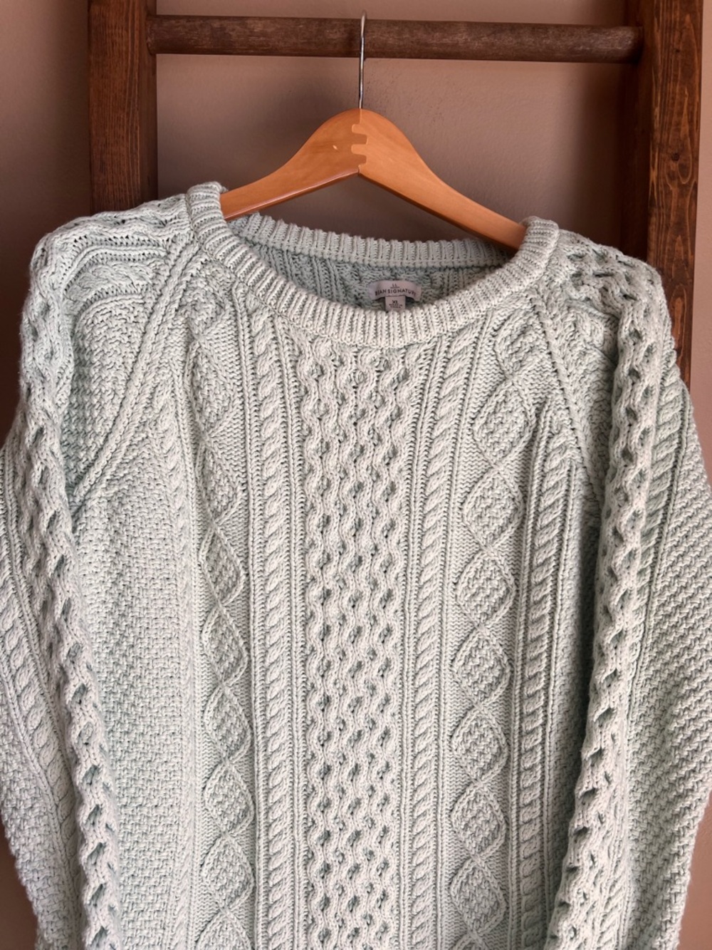 L.L. Bean Cable Knit Crewneck Sweater - Light Mint Green - Picture 4 of 6